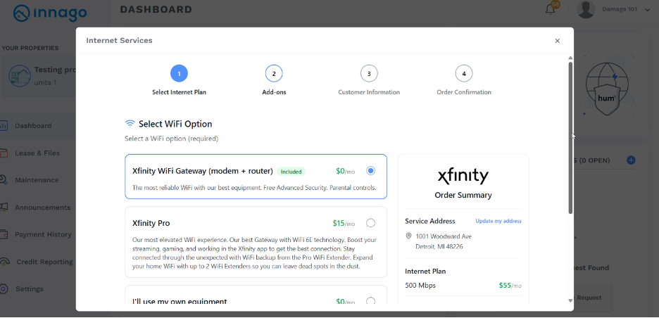 Internet options for a tenant through Hum.